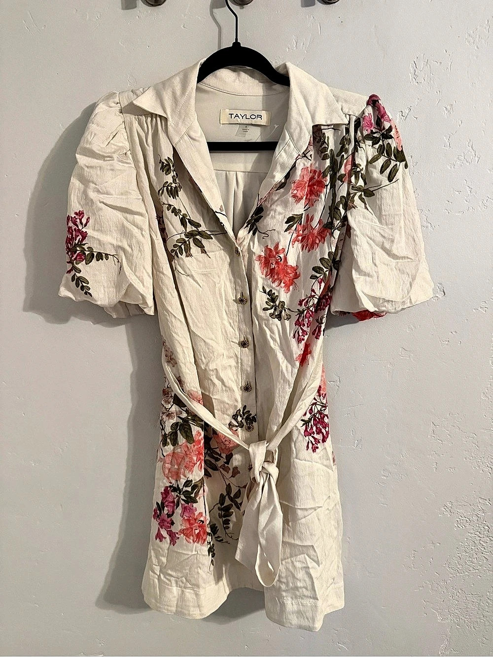 Taylor Floral Puff-Sleeve Shirt Dress Mini White & Pink